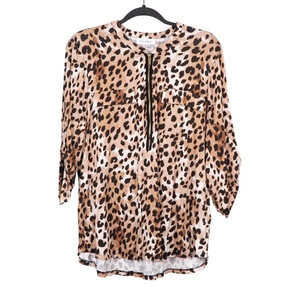 Calvin Klein Tops - Calvin Klein Leopard Print Blouse Womens XL Roll Tab Sleeve Zipper Front Brown